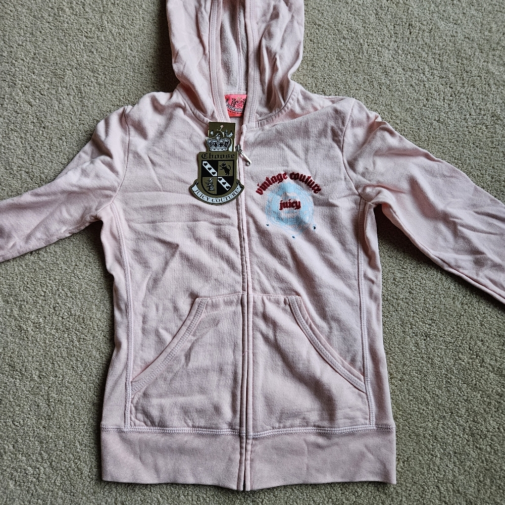 NWT Vintage Juicy Couture Light Pink Cotton Fleece Hooded Jacket Size Petite